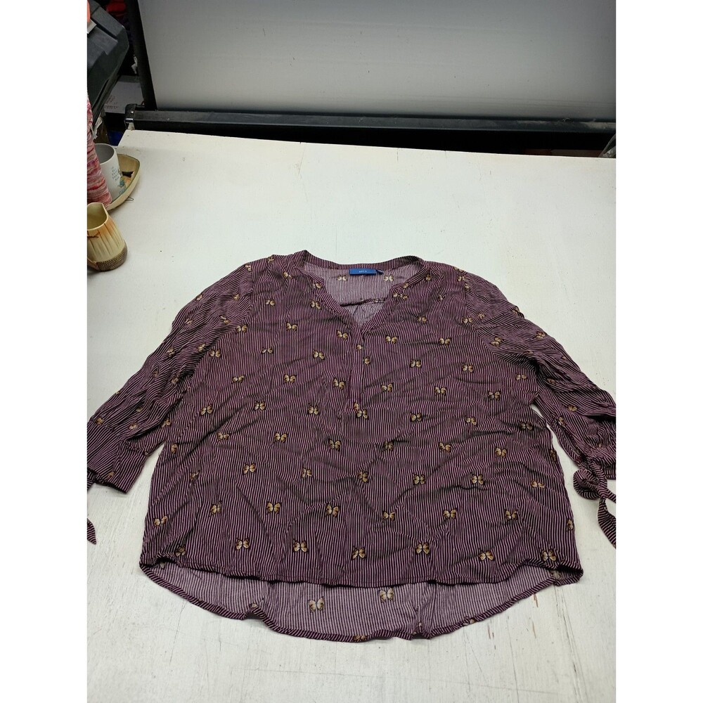 Apt 9 Blouse Top Womens XXL Butterfly Print On Purple Stripe 3/4 Sleeves Tie Cuf